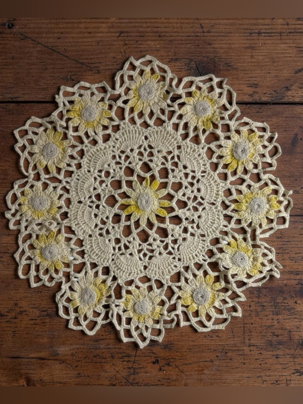 Crochet Doily Yellow Daisies Round 9” Handmade Vintage
